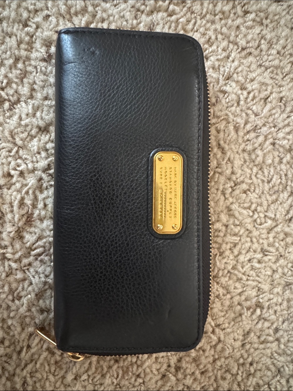 Marc by Marc Jacobs Black Leather Zip Wallet with Gold Plaque